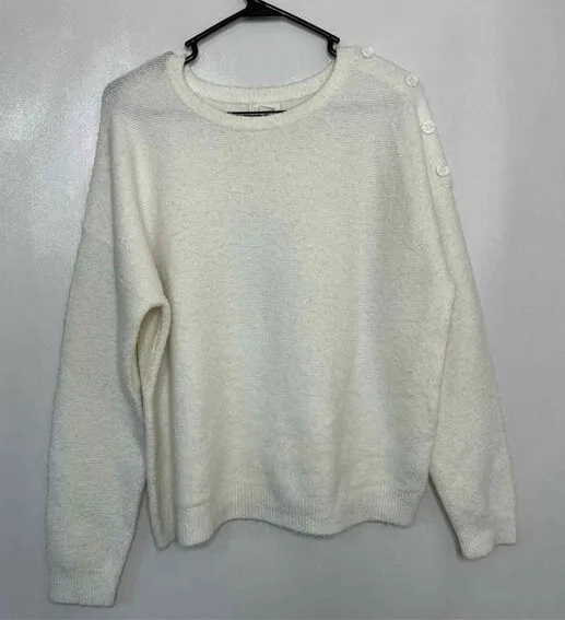CASLON Cream Textured Knit Crew Neck Sweater with Shoulder Buttons Size L - Image 1