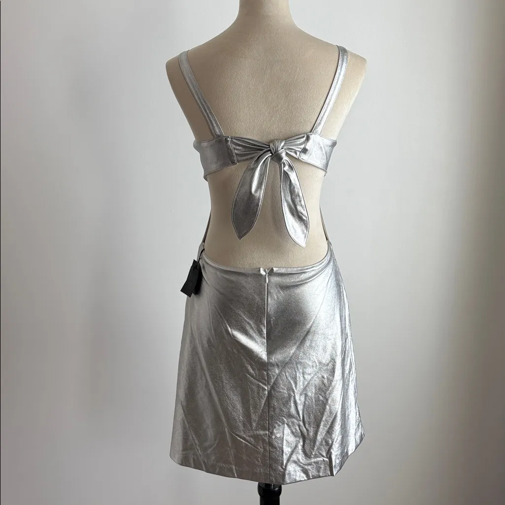 ANNA SUI Silver Iggy Faux Leather Mini Dress Tie Back Cutout Shiny Metallic Sz 4 - Image 7