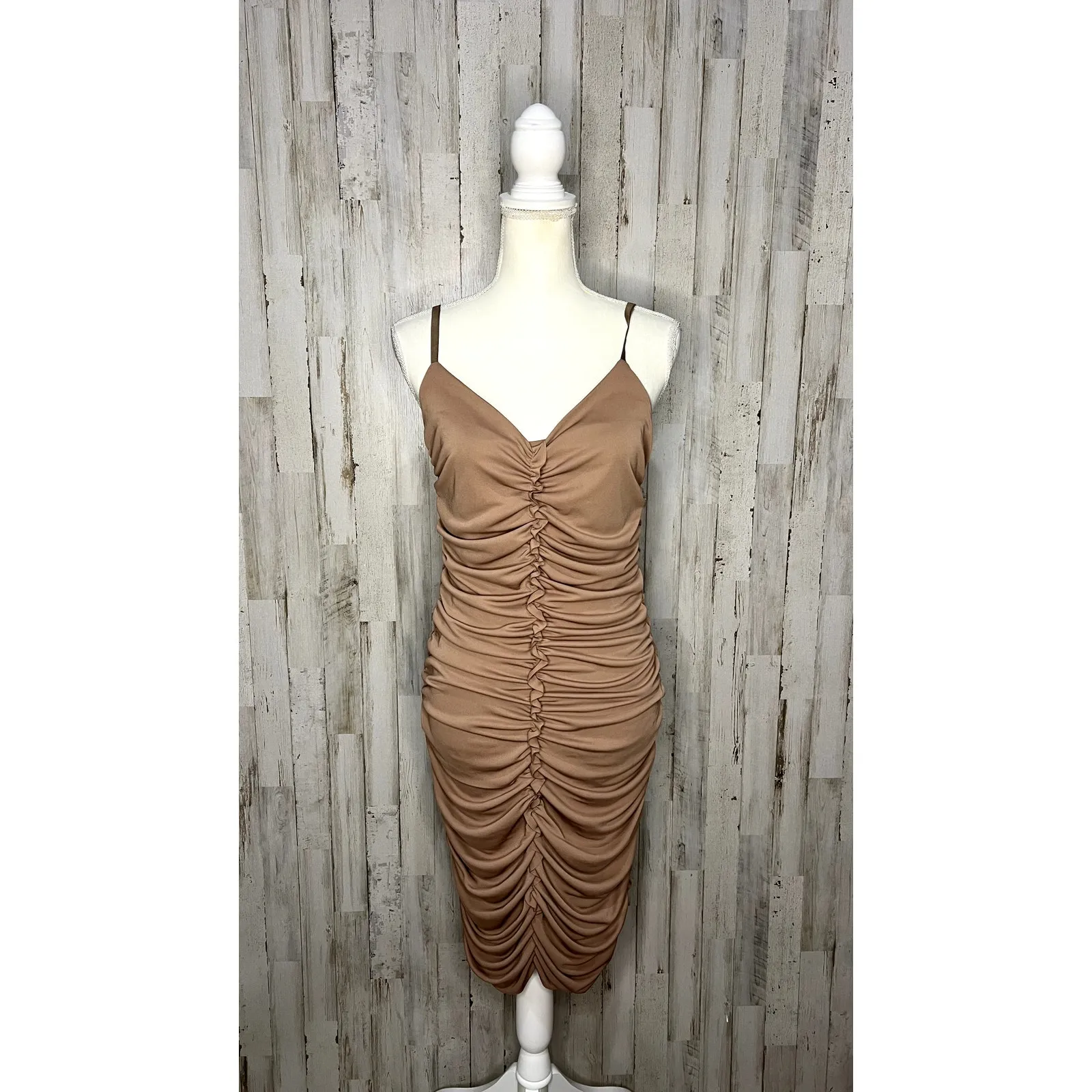 NWT New York & Co Women's Brown Ruched‎ Bodycon Dress Size Small Party Cocktail Tan - Image 2
