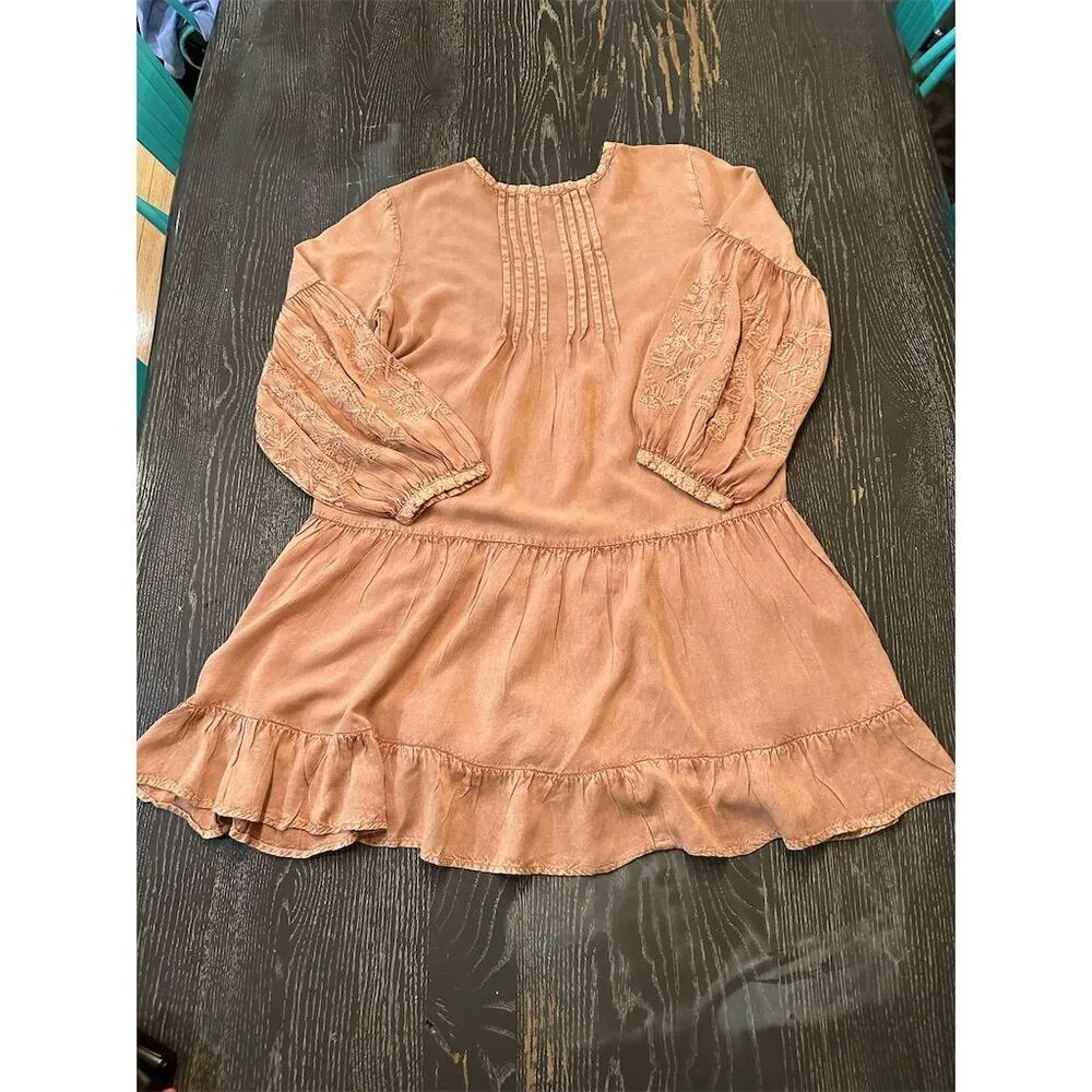 Solitaire Women's Boho A-Line Dress Tan/Pink Long Sleeve V-Neck Size S - Image 12