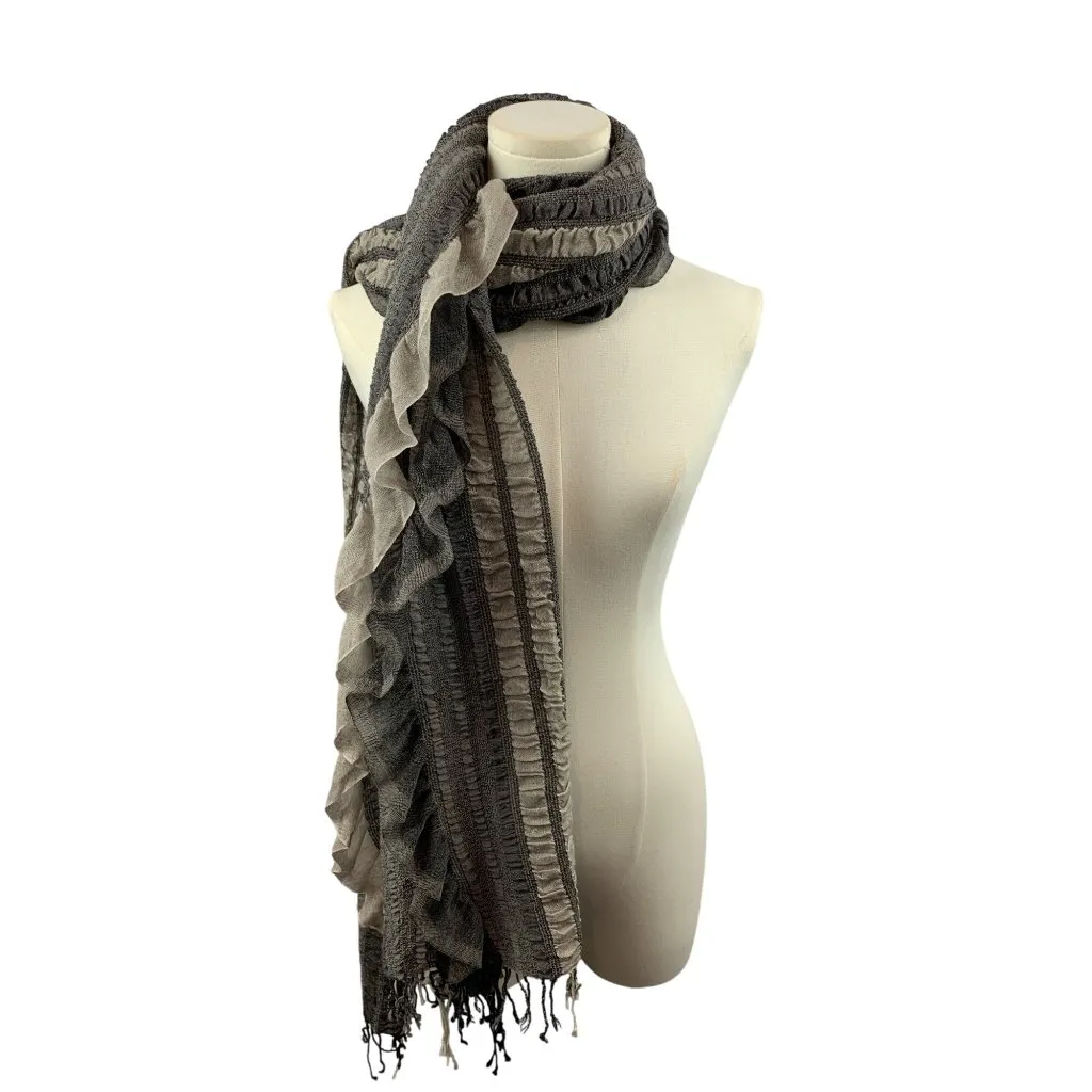 ColdWater Creek Ruffled Gray & Beige Knit Scarf With Fringe - Image 3