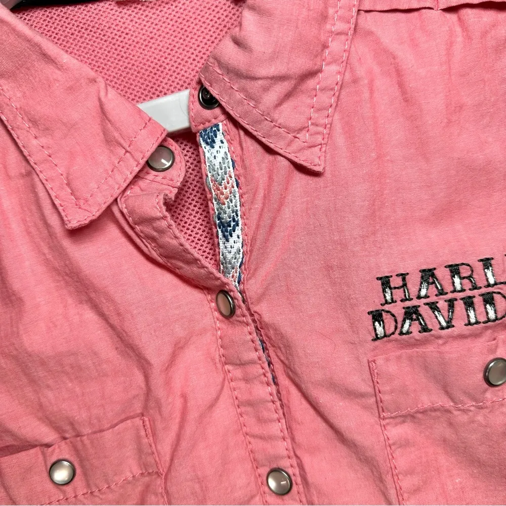 Harley Davidson Pearl Snap Top Women's L Salmon Pink Short Sleeve Vented Biker Size L - Image 3
