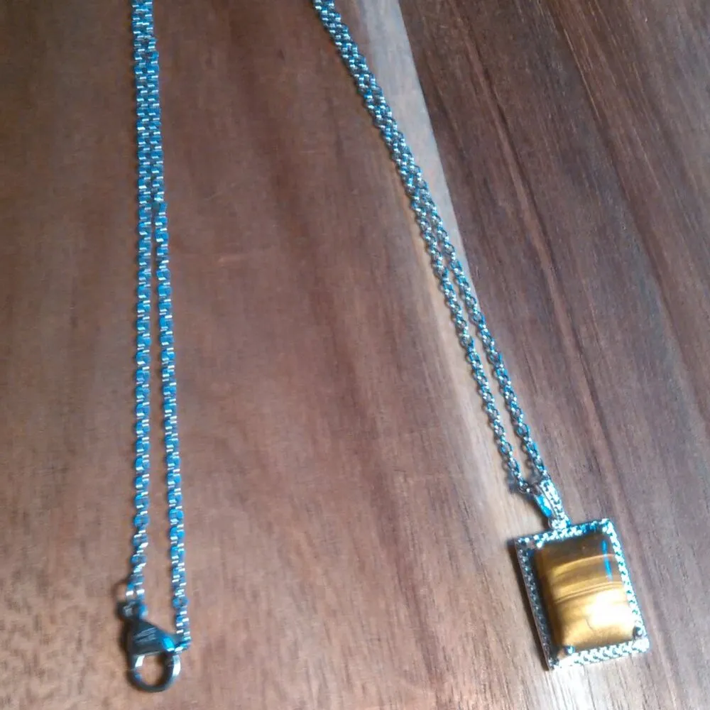 Tiger's Eye Sterling Silver and Stainless Steel Pendant Necklace - Image 2