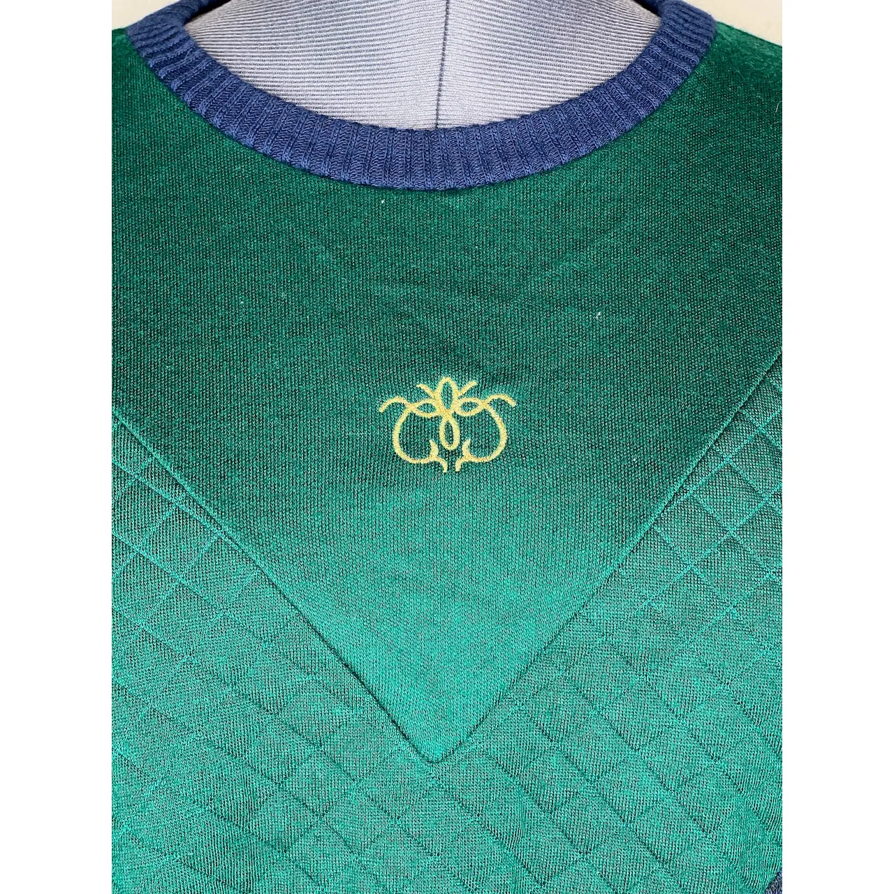 sweatshirt plaid chevron quilted green navy shoulder pads 1980s Size L - Image 3