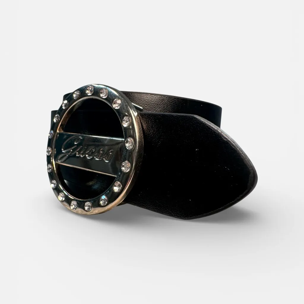 Guess Vintage Black Belt with Embellished Rhinestone Silver Buckle Size Small - Image 2