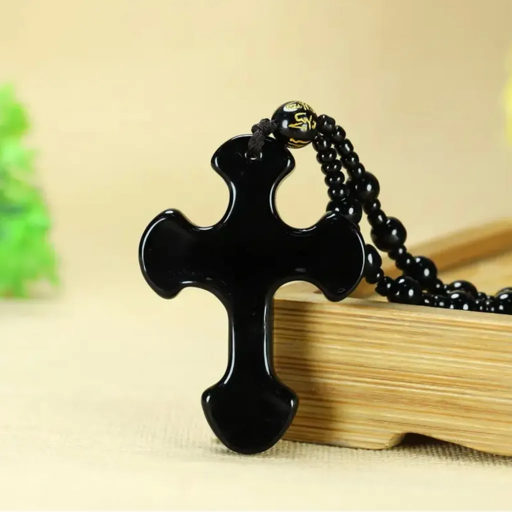 1pc Classic Religious Style Christian Cross Fashion Obsidian Pendant‎ Necklace Black - Image 14