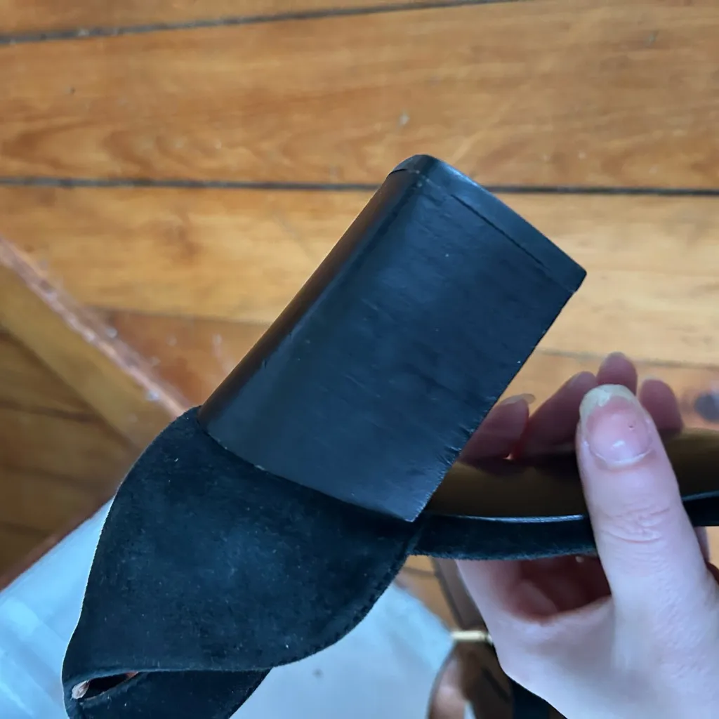 & Other Stories Suede Ankle Strap Block Heel Sandals Black Size 38 gold buckle - Image 6