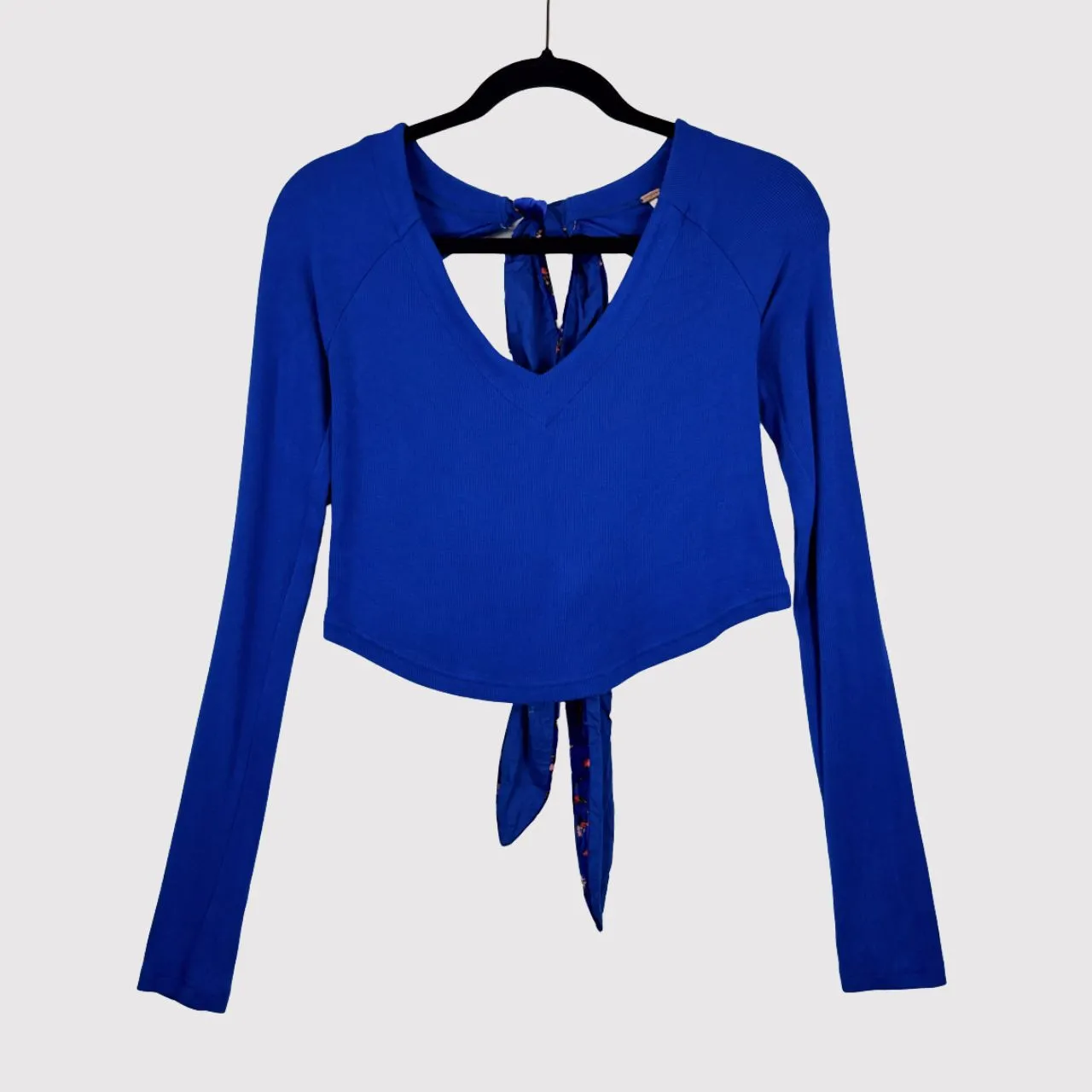 Free People Womens Top Blue Dual Velvet Tie Back V Neck Cropped Stretch Small - Image 4