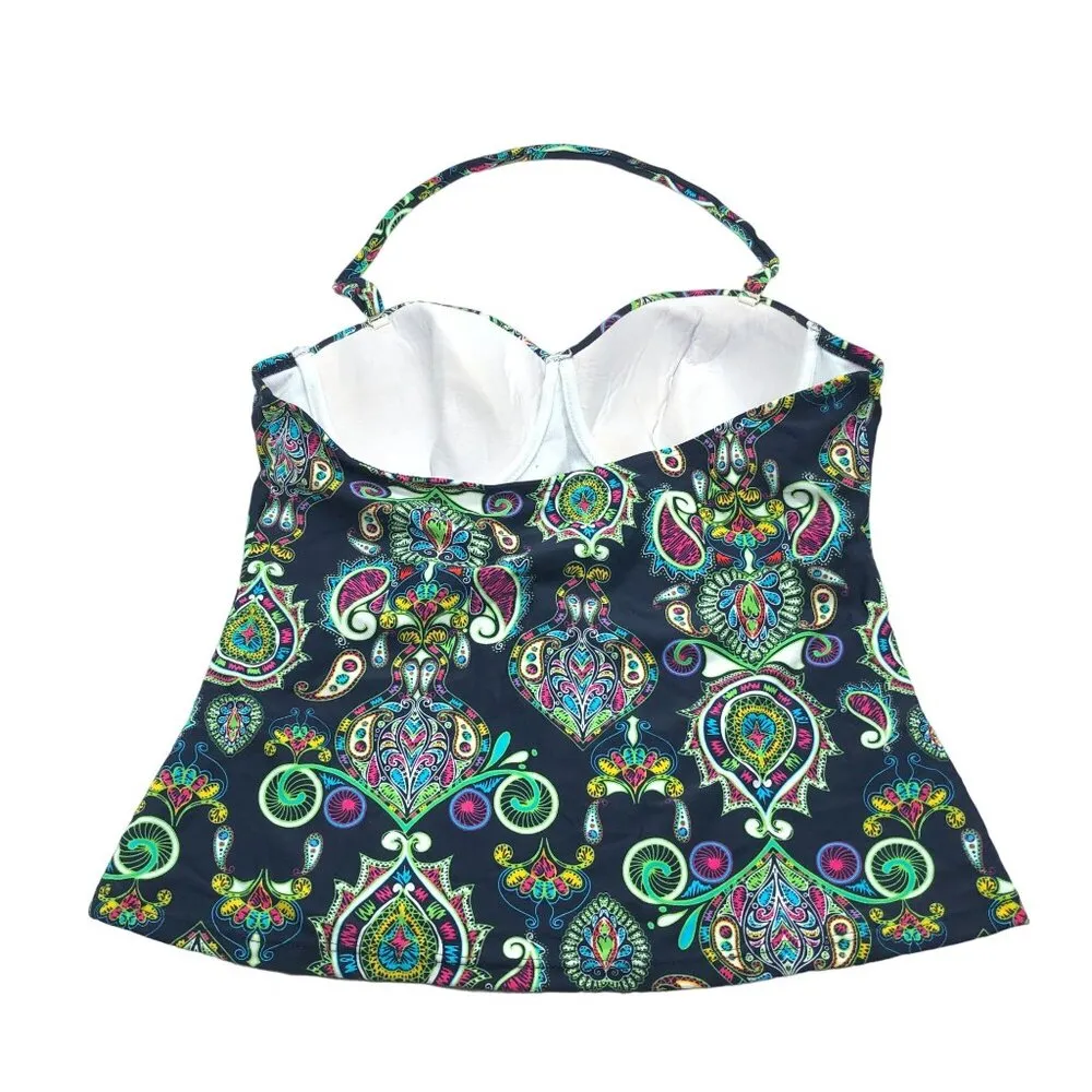 Beach Joy Halter Tankini Top Paisley Geometric Underwire Molded Cups Black M - Image 2