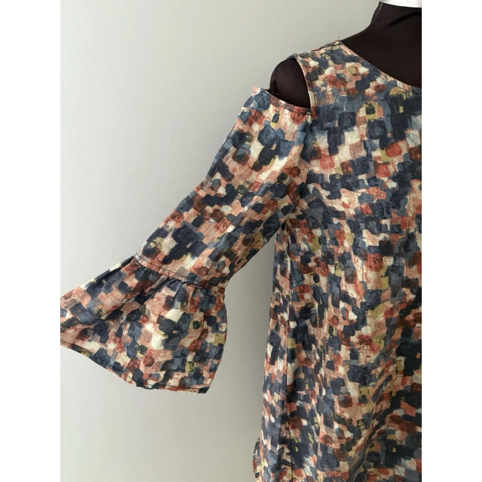 John Mark Linen Tunic Top Size S Blue Brown Bell Sleeve Oversize Lagenlook Fall Gray - Image 2