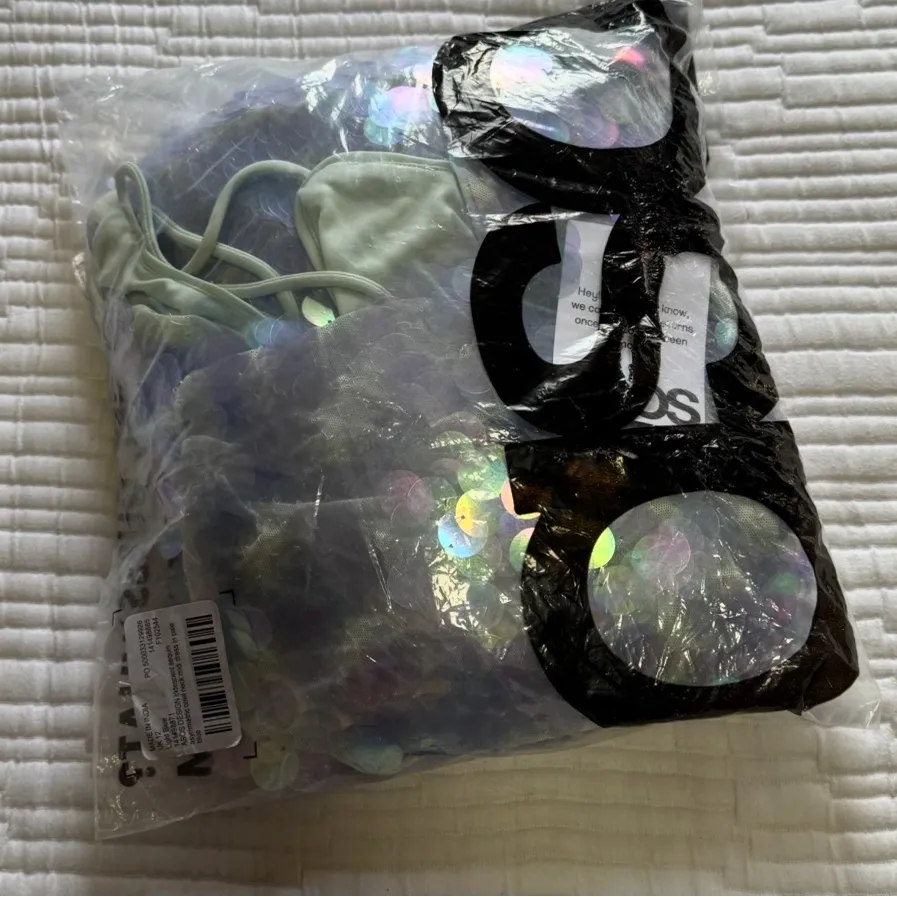 ASOS DESIGN iridescent sequin asymmetric cowl neck midi dress in light blue - Image 5