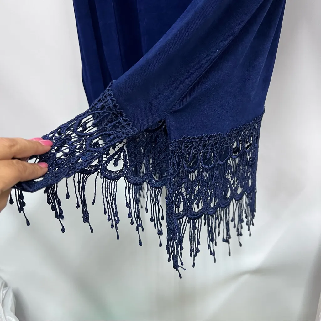 Tanuja Dior 2x Navy Long Sleeve slinky Top fringe hem crochet made in USA Blue - Image 6