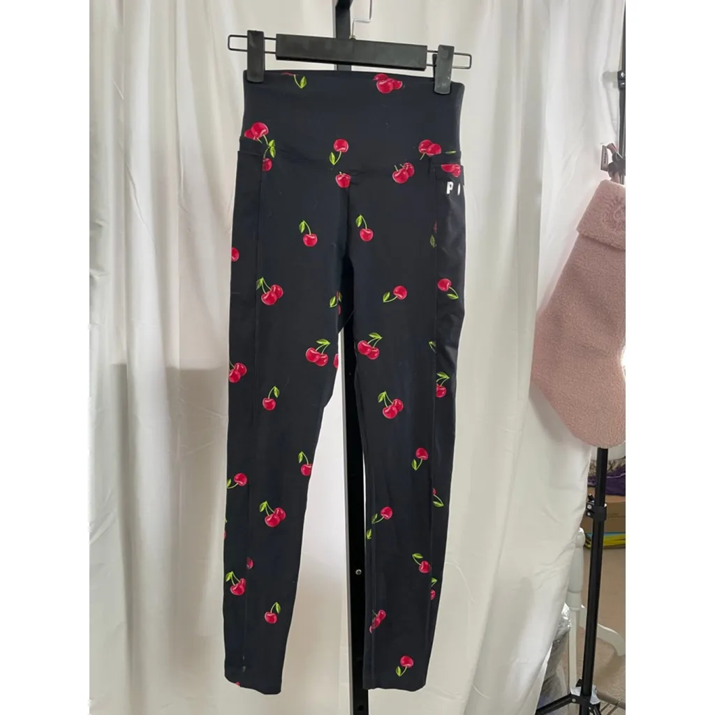 PINK Leggings Women's XS Black Cherry Print Athletic Pants - Image 2
