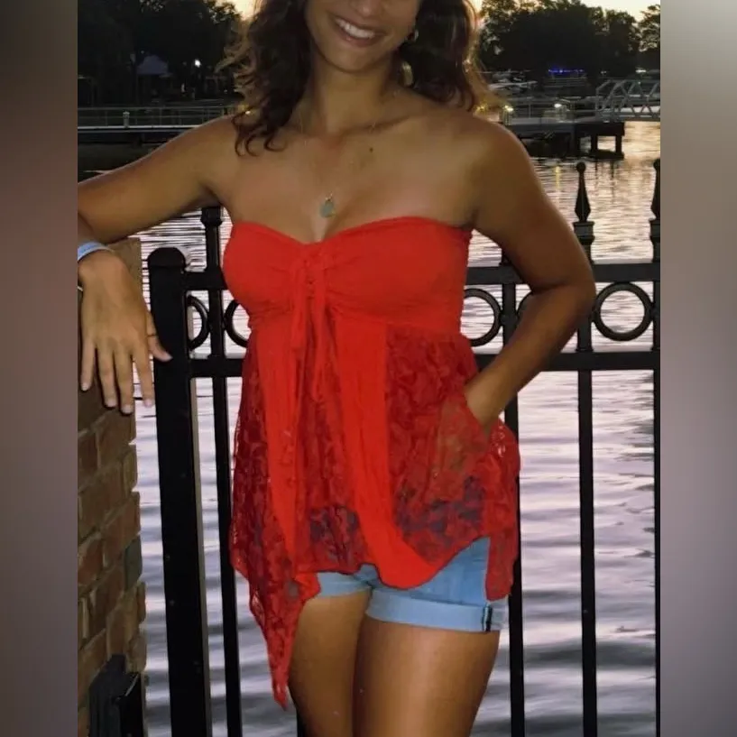 VENUS Vibrant Red Asymmetrical Lace Top - Image 6