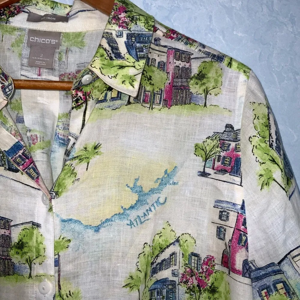 Chico’s No-Iron Linen Southern Charm-Print Button Down 3/4 Sleeve Shirt Tunic M - Image 6