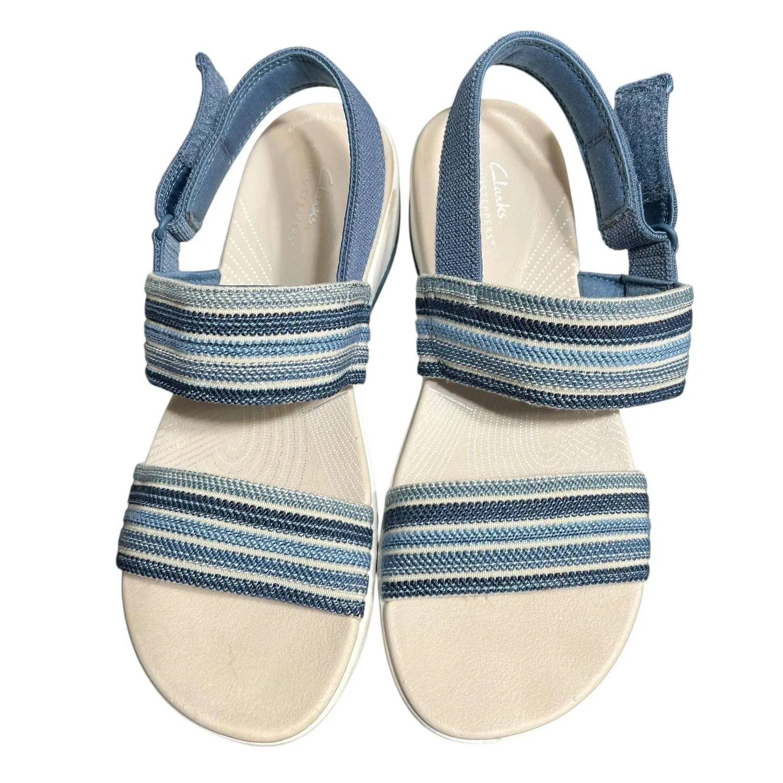 Clarks Cloudsteppers Sandals Womens Size 10 Blue White Striped Slingback Wedge - Image 4