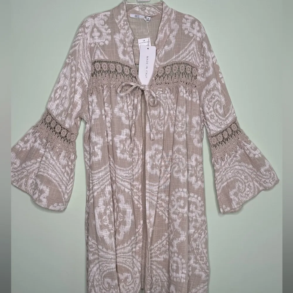 KAKTUS Beige 100% Cotton Cardigan Duster Top One Tie Made in Italy Medium - Image 4