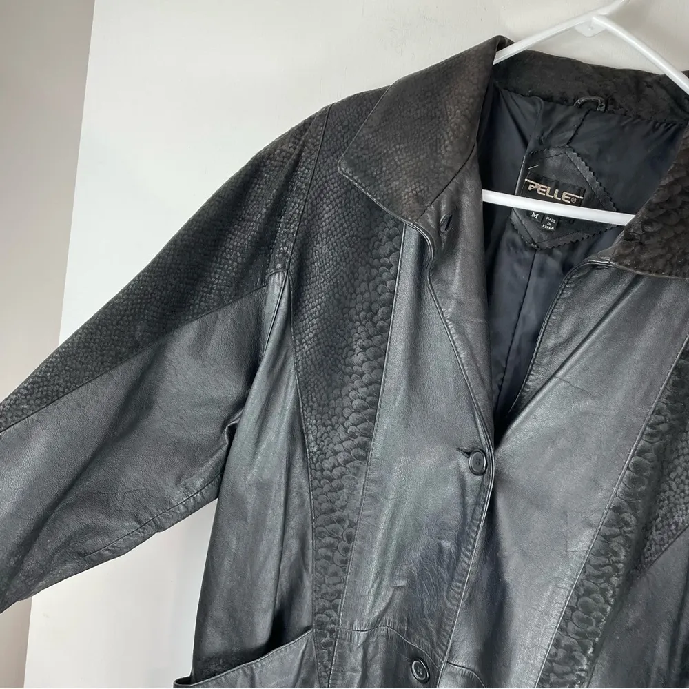 Vintage Pelle Leather Suede Embossed Leather Jacket Long Button Front Sz Medium Black - Image 6