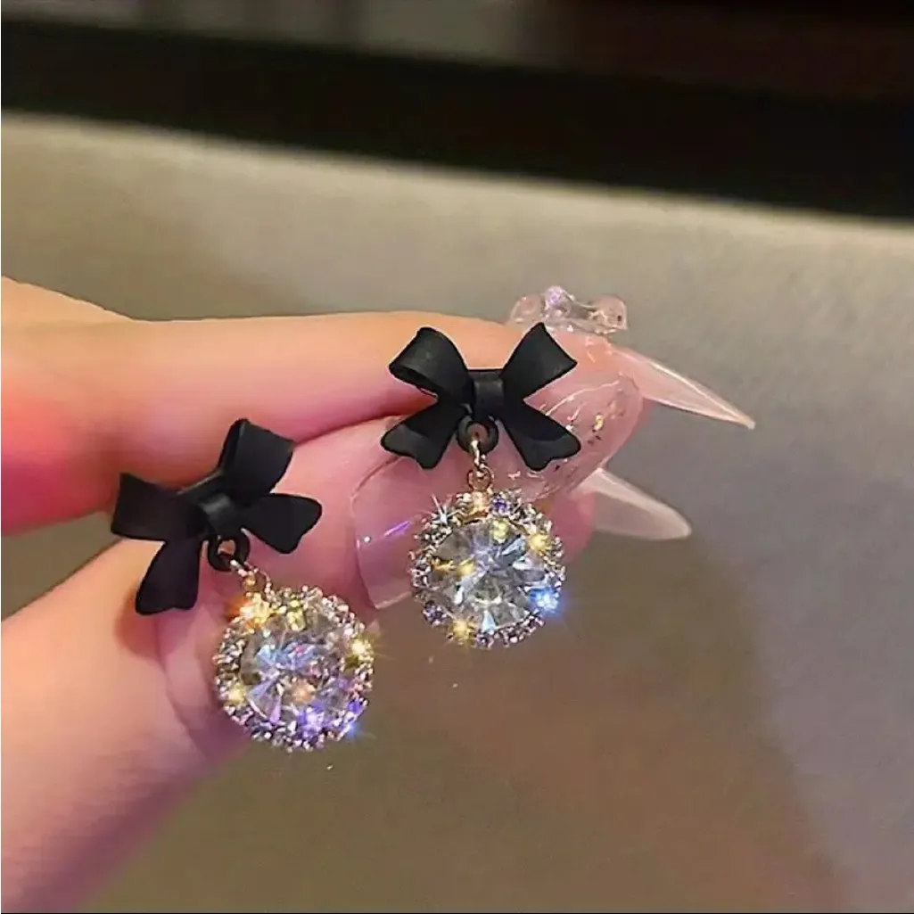 Black Bow Crystal Drop Earrings NWT Elegant Dangle Studs Cute Girly Jewelry - Image 2