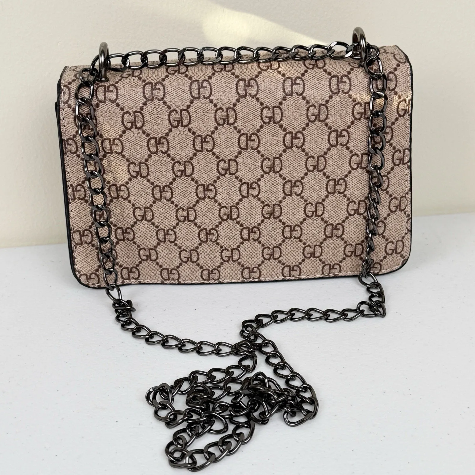 GD Monogram Crossbody Shoulder Bag Chain Strap Brown Tan Purse - Image 6