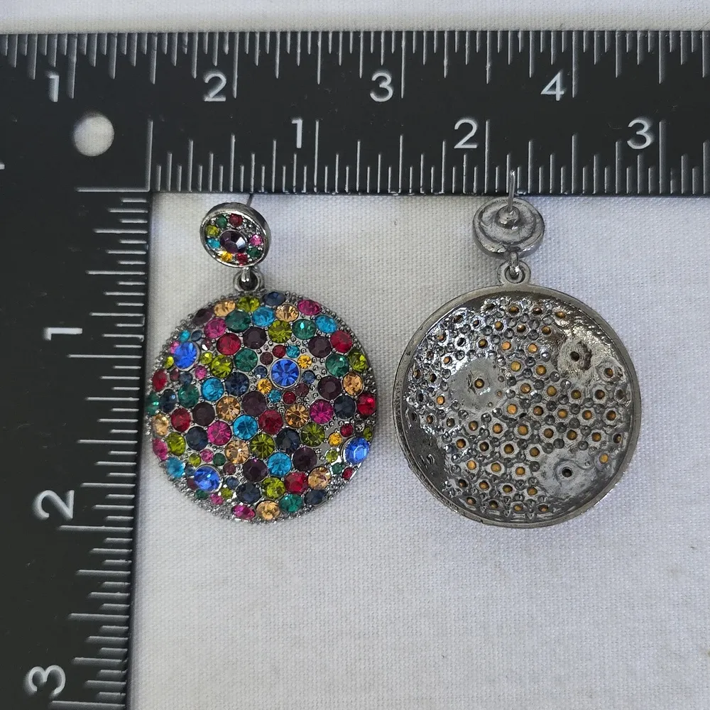 Silver Round Dome Drop Earrings with Multi Color Cubic Zirconia Crystals - Image 8