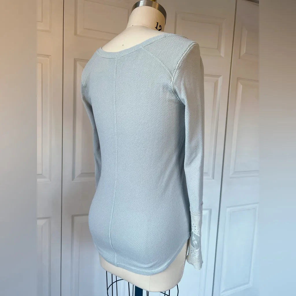 Free People Lovely Lady Lace Cuff Embroidered Thermal Long Sleeve Top in Sage - Image 3
