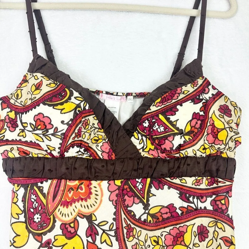 Vintage Y2K Babydoll Top Size Large Deadstock Paisley Floral Tie Back Lined Brown - Image 3