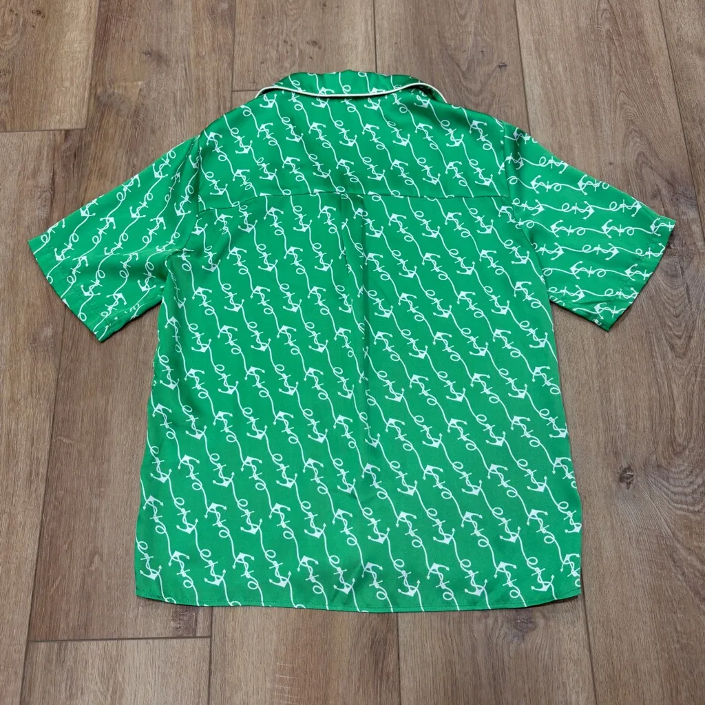 🌟SANDRO🌟 NAUTICAL PRINT SHORT SLEEVE BUTTON FRONT SHIRT BLOUSE GREEN SZ 0 XS - Image 10