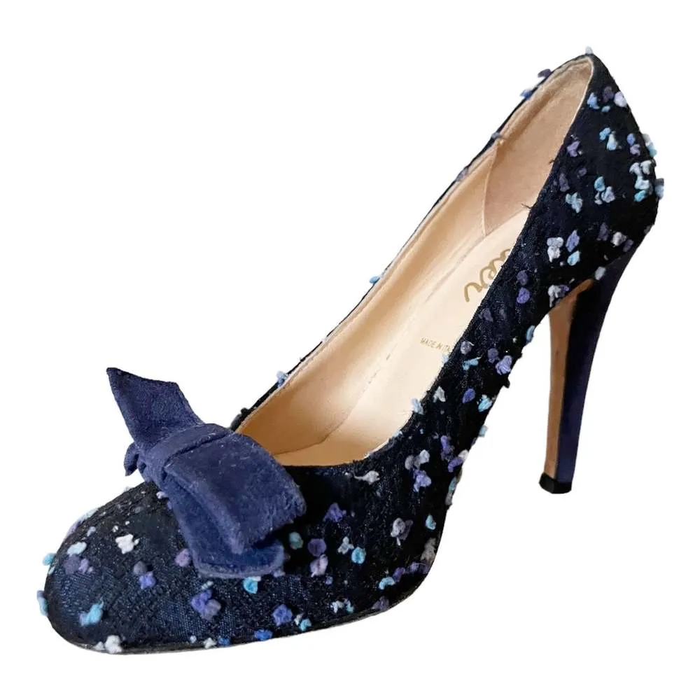 BUTTER Blue Fabric Leather Pumps Round Toe Swiss Dot Bow Stiletto Heels US 7 EUC - Image 2