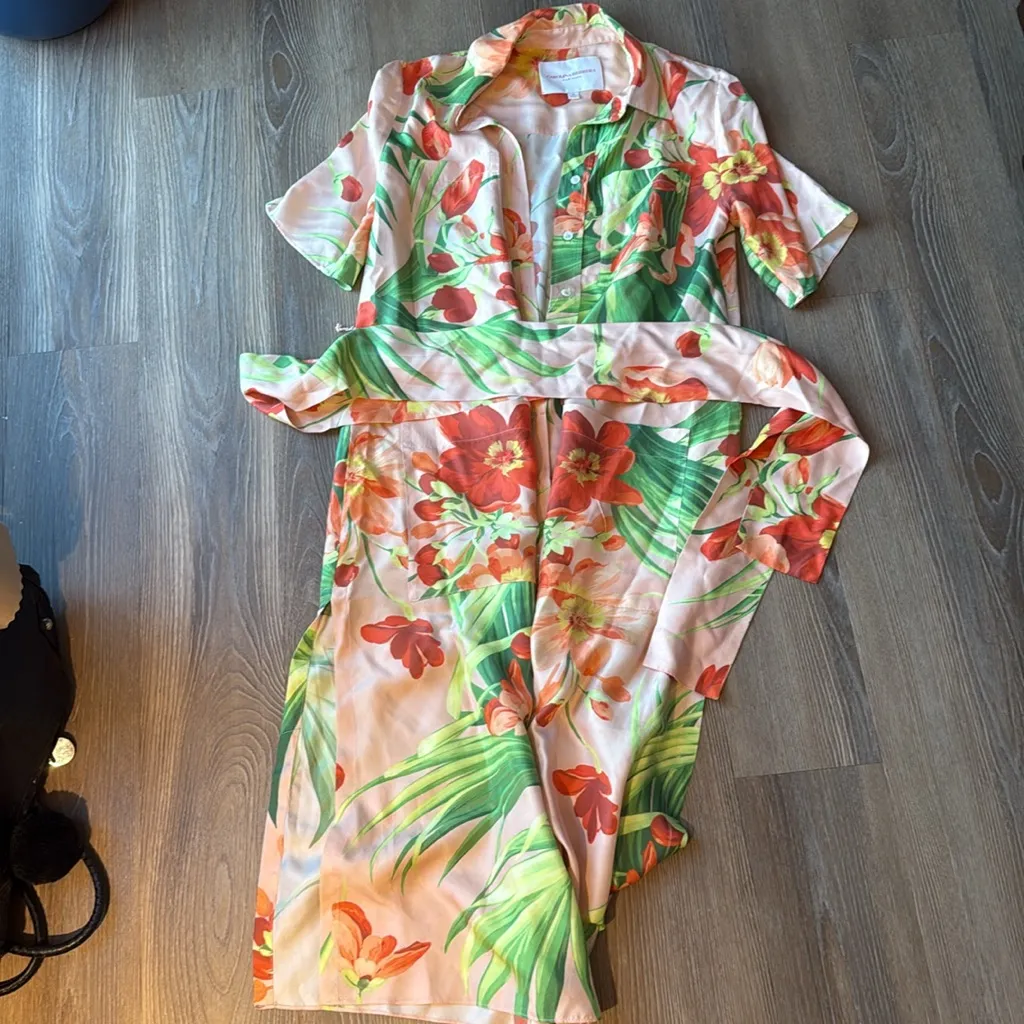 CAROLINA HERRERA Shell Pink Tie Waist Floral Midi Shirt Dress - Image 3