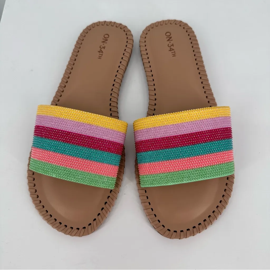 On 34th Mavise Beaded Flat Sandals size 9 in Stripe Multi Beaded Tan - Image 4