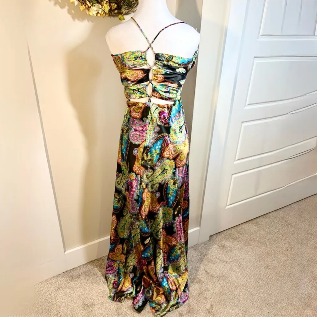 Vintage Zum Zum Y2K Satin Paisley Beaded Slip Maxi Dress Retro Glam Size 3/4 💛 Blue - Image 3