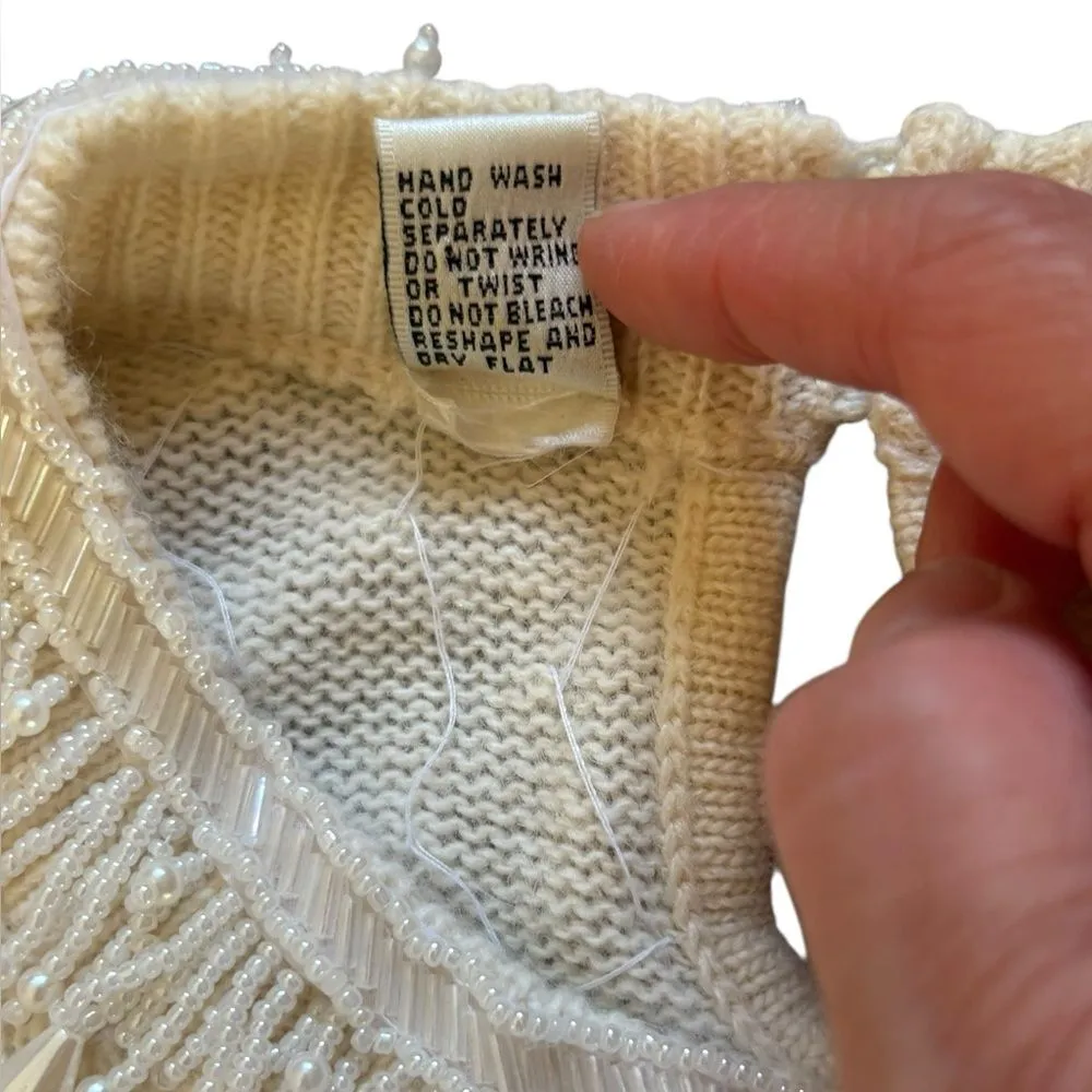 Valerie Stevens Vintage Sweater Cream Wool Pearl Beaded Fringe Neckline Small - Image 8