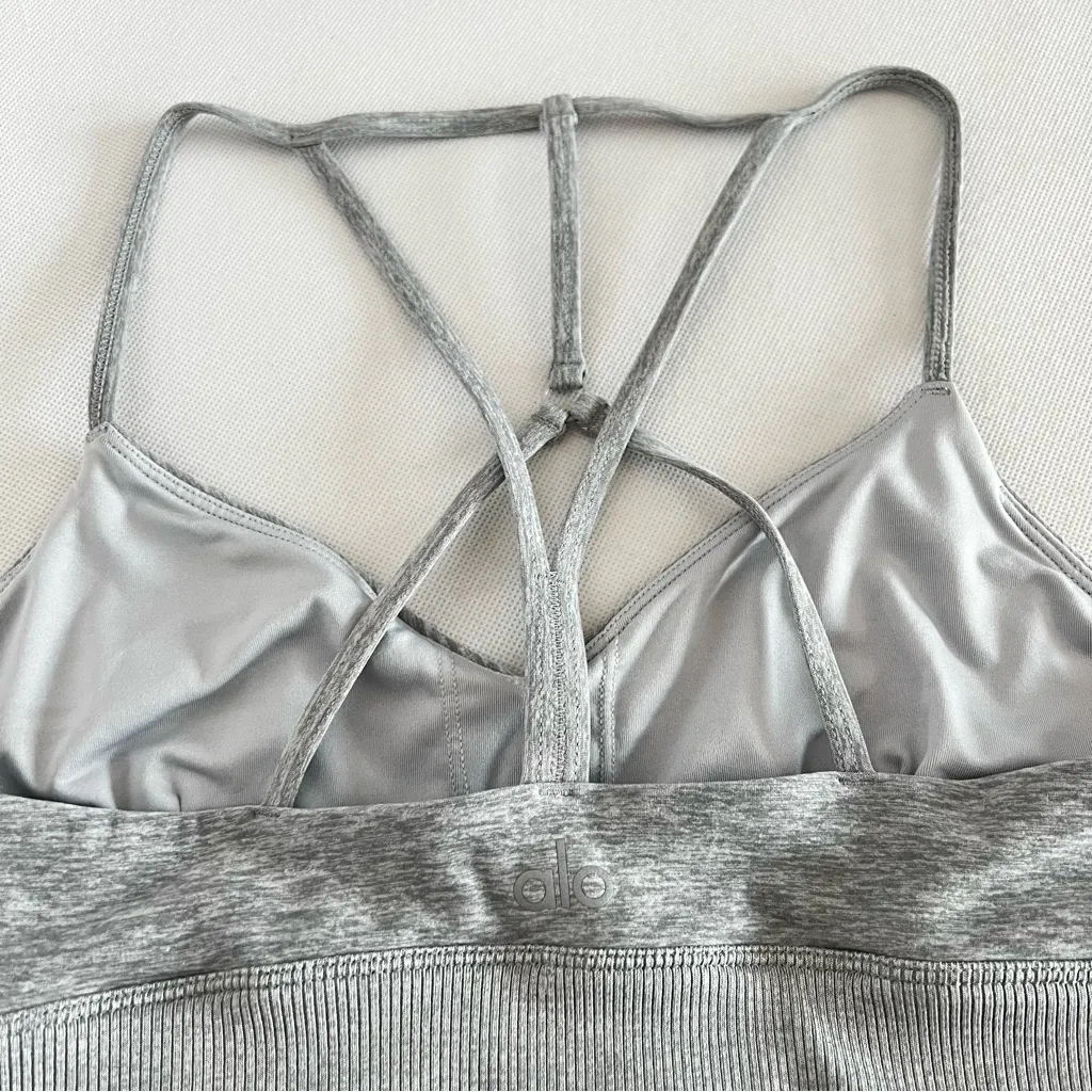 Alo Yoga Alosoft Lush Bra Sz Small Heathered Gray Strappy back Detail Long Line - Image 7
