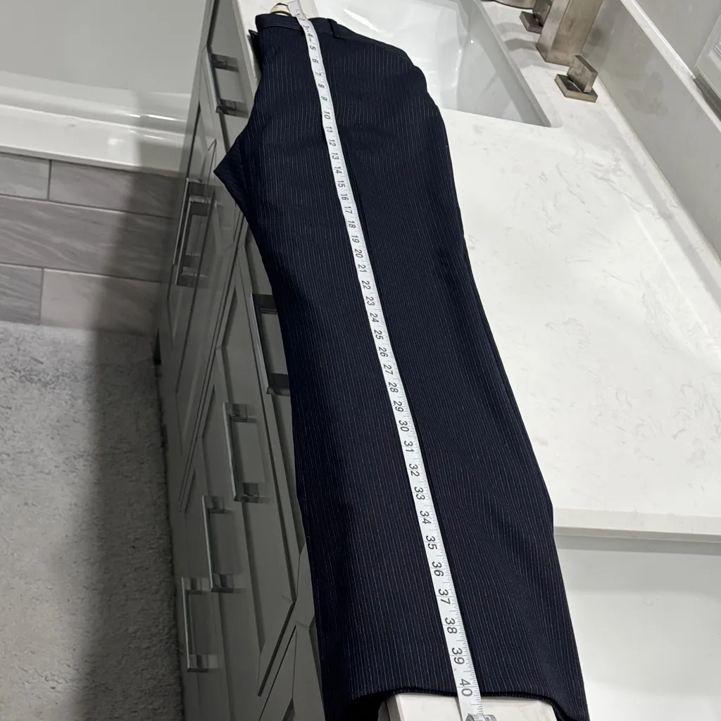 Theory Dark Blue Pinstripe, Wool, Wide-Leg Pants - Image 8