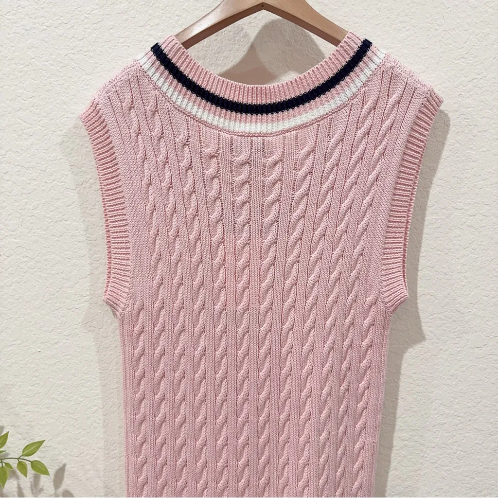 En Saison Pink Cable Knit Sweater Vest Mini Dress w/ Navy Pleated Hem Small NWT - Image 5