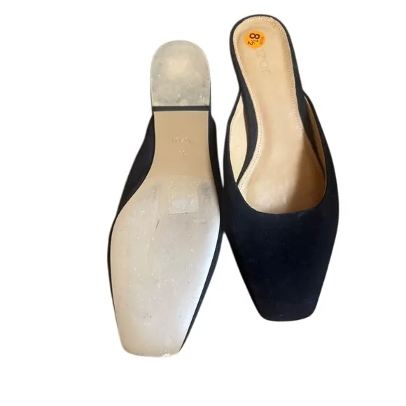Black Suede Square Toe Mule Flats Womens Size 8.5 Pointed Heel Slip On Shoes - Image 2