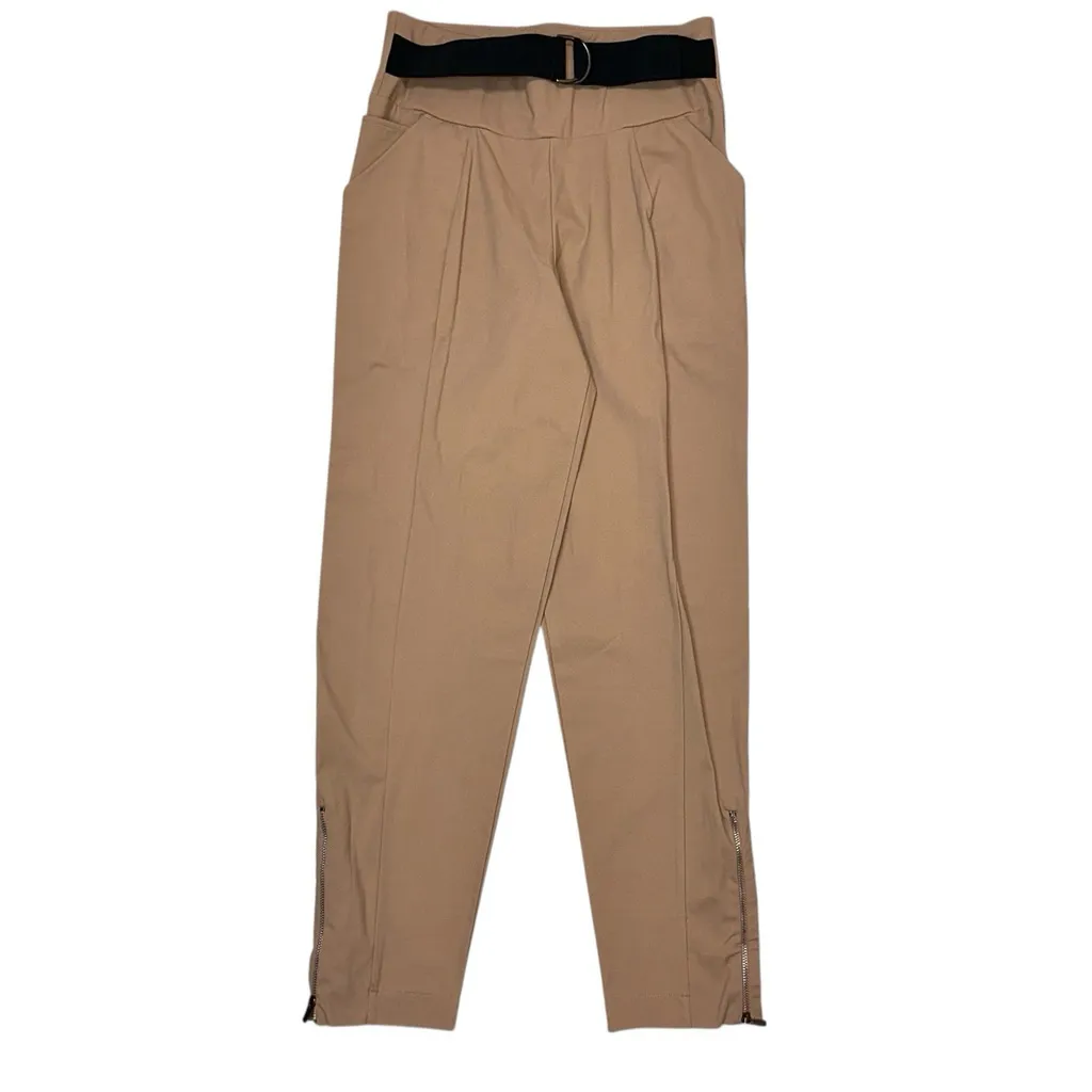 ADAY Warm Up Latte Tan High Rise Tapered Trousers $190 Small Ankle Zips Belted - Image 5