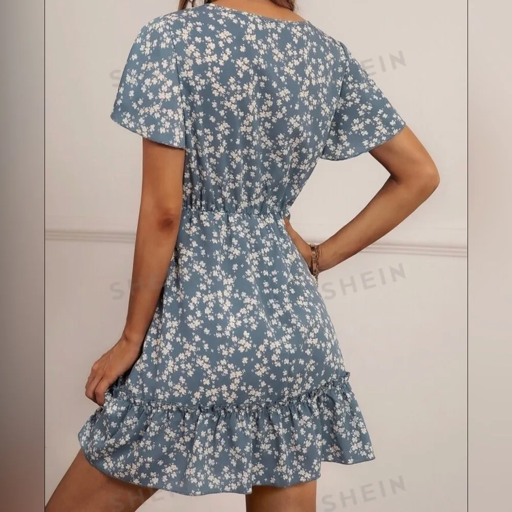 SHEIN VCAY Ditsy Floral Print V-Neck Ruffle Hem Dress - Image 3