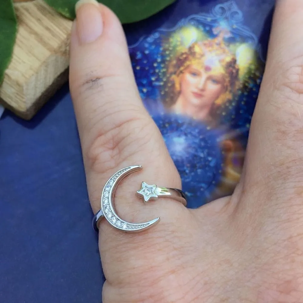 Crescent Moon & Star Sterling Silver CZ Ring Silver - Image 4