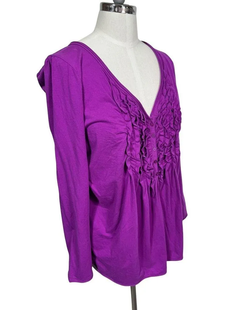 Lane Bryant Purple Ruffle Front V-Neck Blouse Long Sleeve Stretchy Women's 14/16 - Image 2