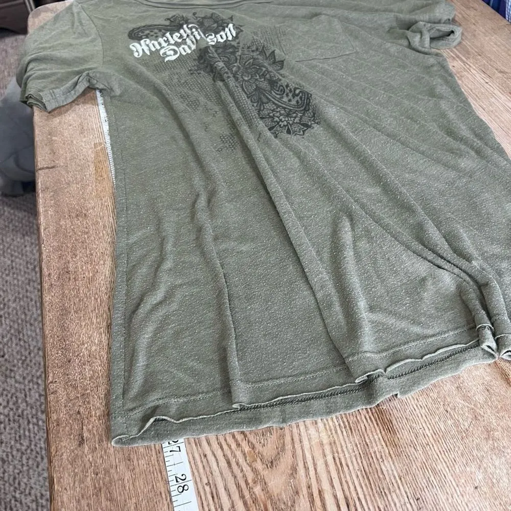 Harley Davidson women’s NY Floral‎ Pocket T Shirt Large 1,000 Islands 2016 Green - Image 3