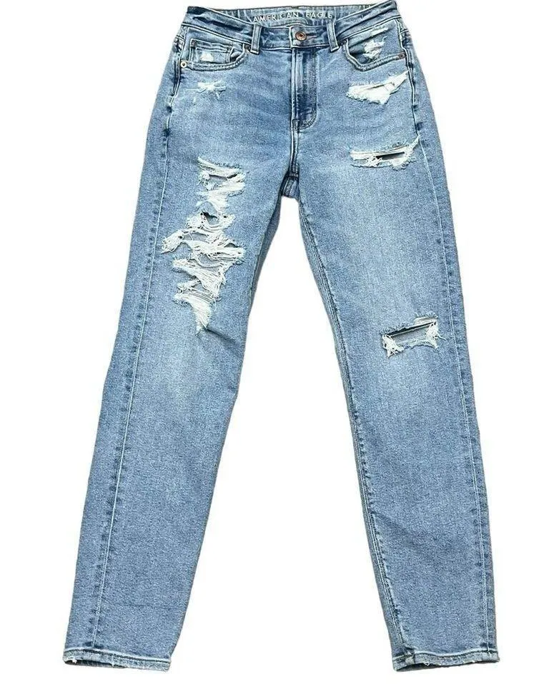 AE Strigid Ripped Mom Jean Straight Leg Distressed High Rise Festival Womens 00R - Image 3