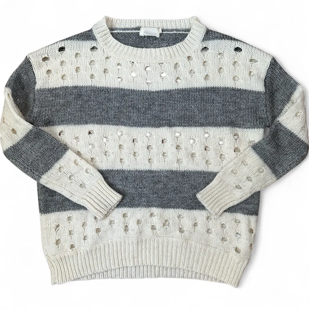 Lush Open Knit Striped Sweater S Soft Cream & Charcoal Coastal Grandma Pullover - Image 13