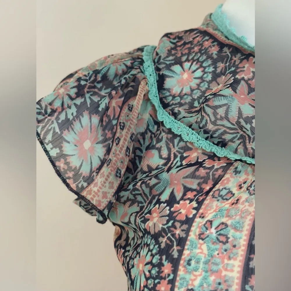 GLOBUS Green Blue Pink Cream Floral Print Sheer Sailor Collar Cap Sleeves Sz XS - Image 3