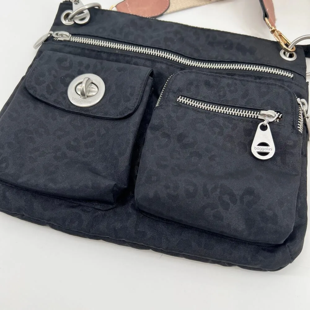 Baggallini Tulum Crossbody Black & Silver leopard print Travel Bag Handbag Zip - Image 8