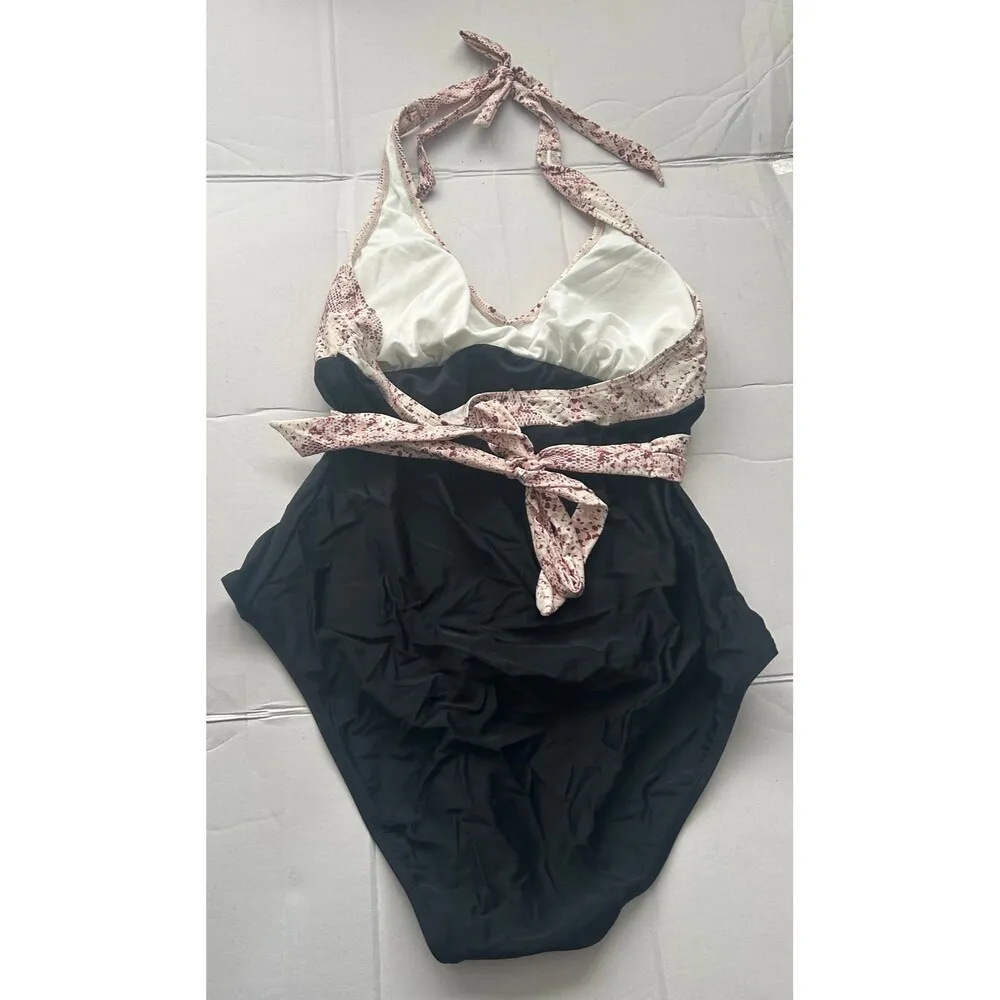 Cupshe Womens Halter One Piece Swimsuit XL Bathing Suit Black & Pink Snake Print - Image 3