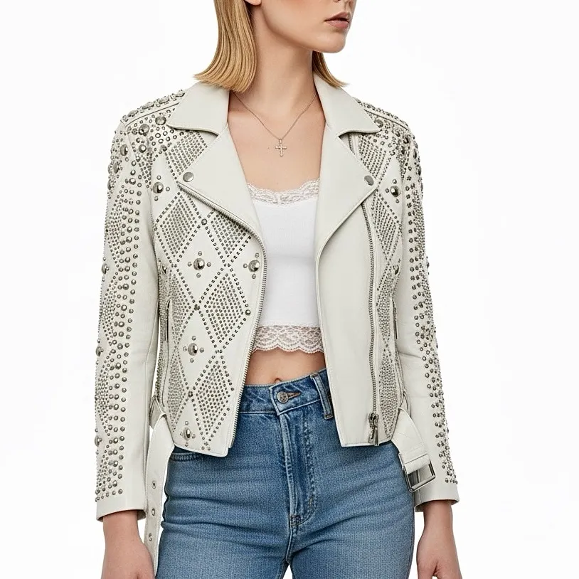 NOUR HAMMOUR White Studded Lambskin Leather Moto Jacket Women's 42 US Size 10 - Image 14