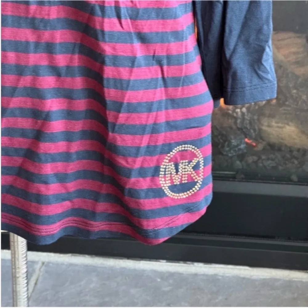 MICHAEL Michael Kors Navy and Burgundy Striped Long Sleeve Tee Blue Size L - Image 5