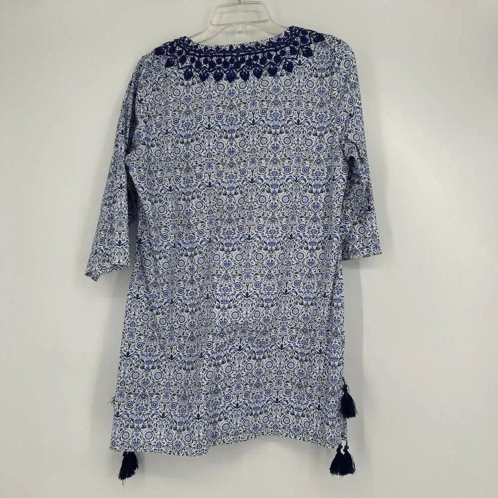 Solitaire Swim Cover Up Tunic Boho Blue Embroidered Beaded Tassels Size M - Image 7